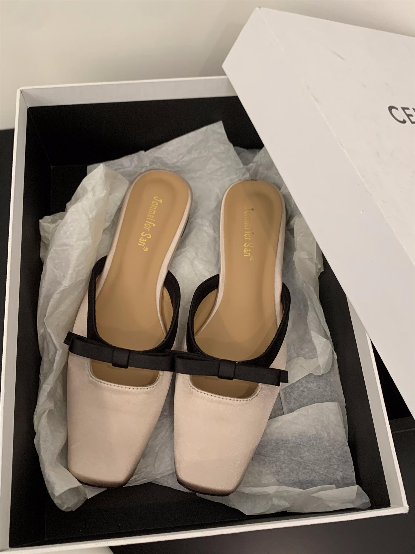 

Flat bottom summer green with skirt bag head half slippers fairy shoes 2025 summer wear bow small sandals 39