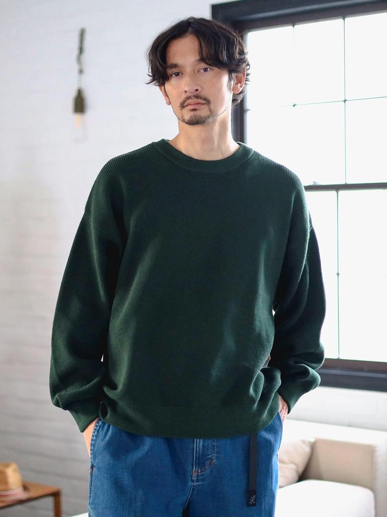 B:MING LIFE STORE by BEAMS Men's 12-Gauge Long Sleeve Crew Neck Knit, Single Rib, Wide Fit, Green, Size S_92150361286