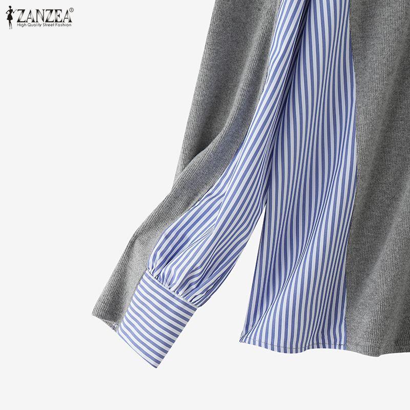 ZANZEA Women Casual V-Neck Long Sleeve Patchwork Blouse