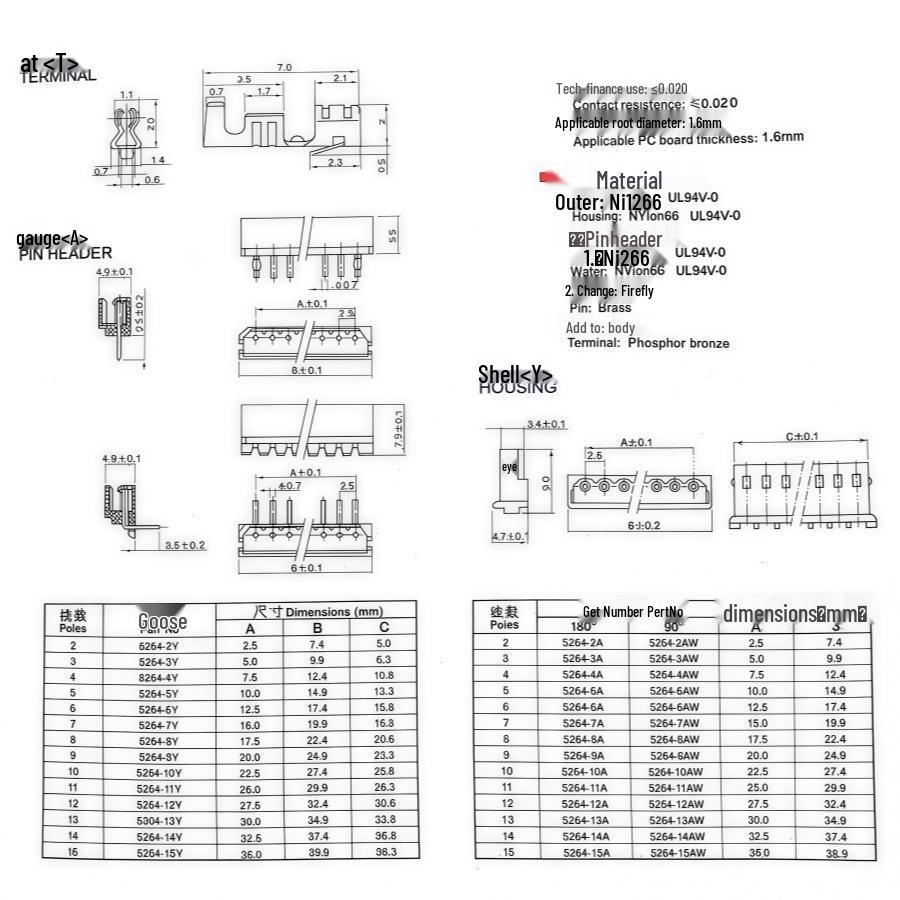 5264-11A Straight Pin Header, 2.54mm Pitch, 2-12A Connector, 1000 Pieces/Bag