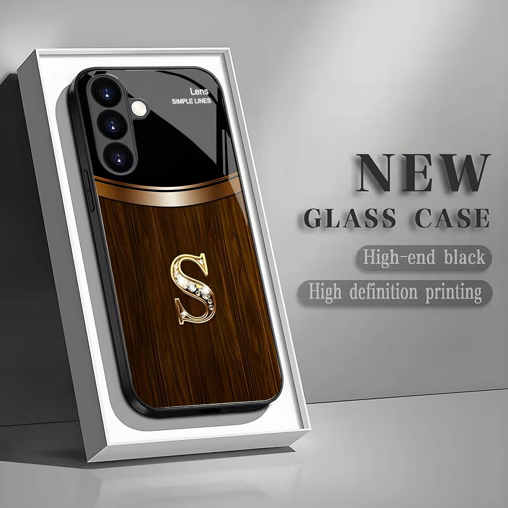 Wood grain letter S black glass phone case suitable for Samsung Galaxy S26 S25 S24 S23 S22 S21 S20 FE/Ultra/Plus anti drop