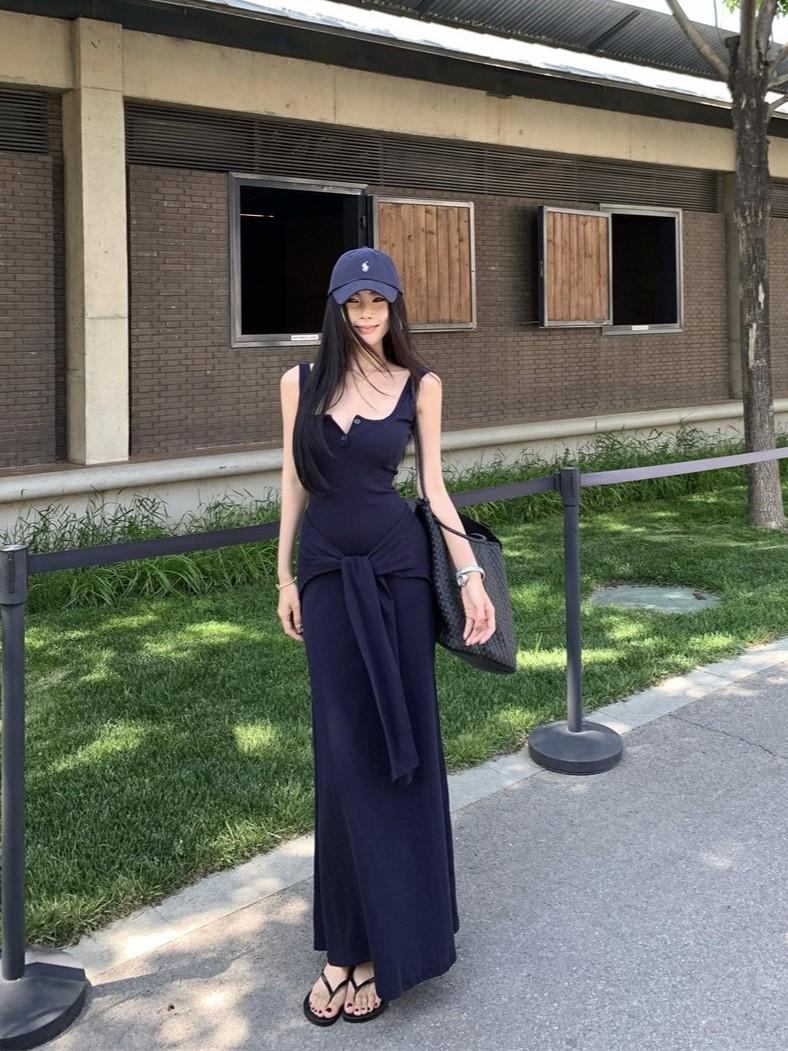 

navy blue suspender skirt niche temperament dress women s summer temperament waist thin long dress Spice girl hip skirt S