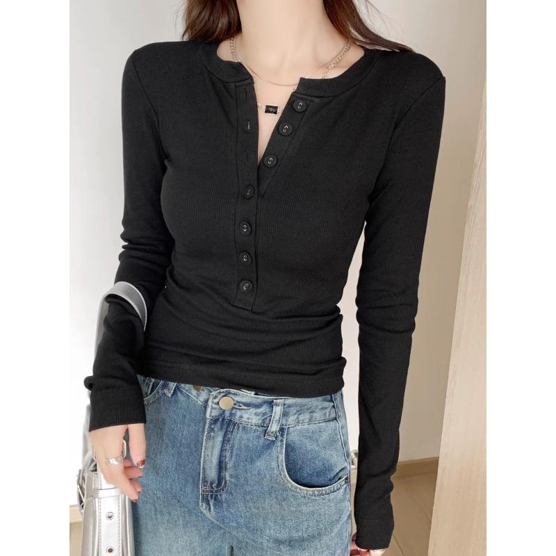 Skinny Spice Girl Single-breasted Long Sleeve Shirt Women's Spring Front Shoulder Skinny Top with White Bottom Shirt