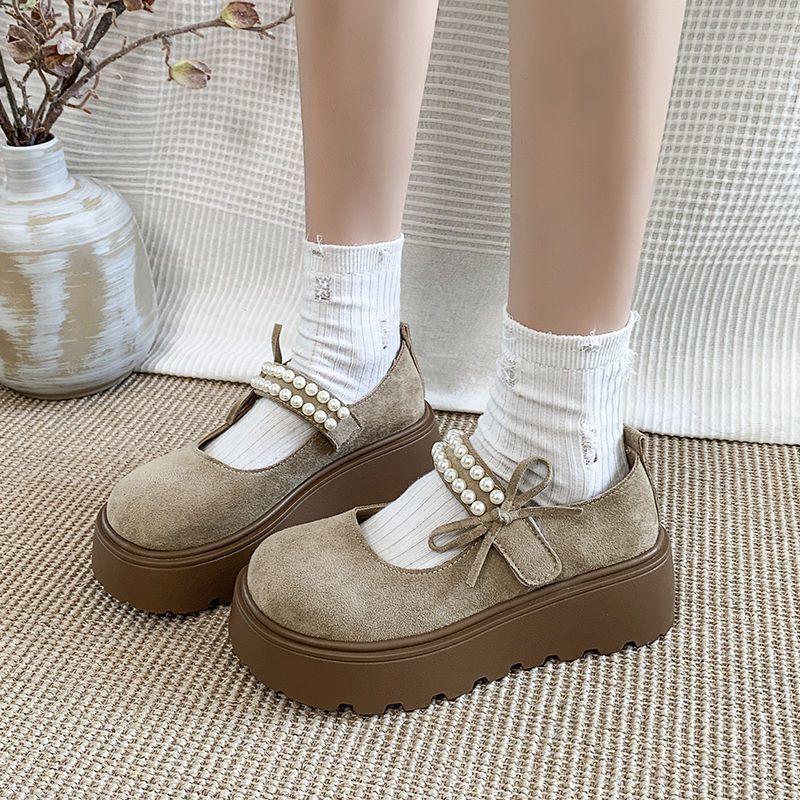 Non-slip muffin bag head shoes cute bow pearl thick sole heightening Mary Jane single shoes women's 2025 spring and autumn new models