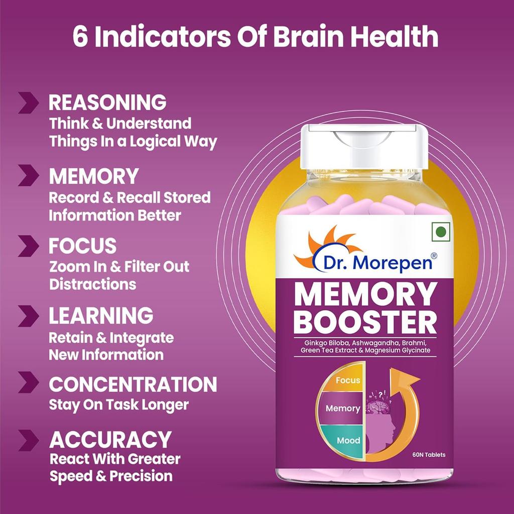 DR. MOREPEN Memory Focus Mood Tablets With GABA Ashwagandha Chamomile Brahmi Vitamins B1 B2 B3 Magnesium 60 Tablets