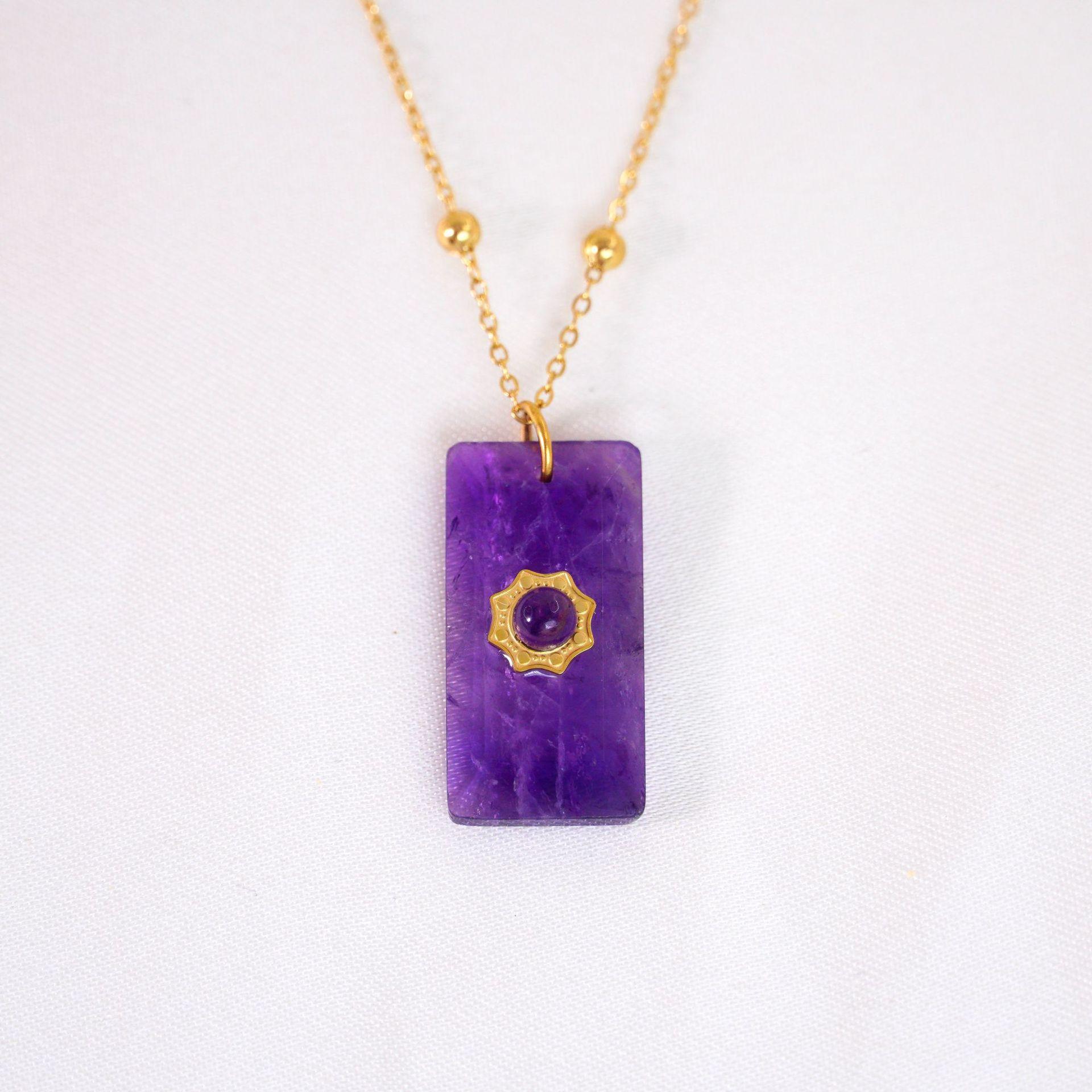 

1pc Square Natural Stone Pendant Necklace Creative Bead Necklace Vintage Pendant Chain Women аметист
