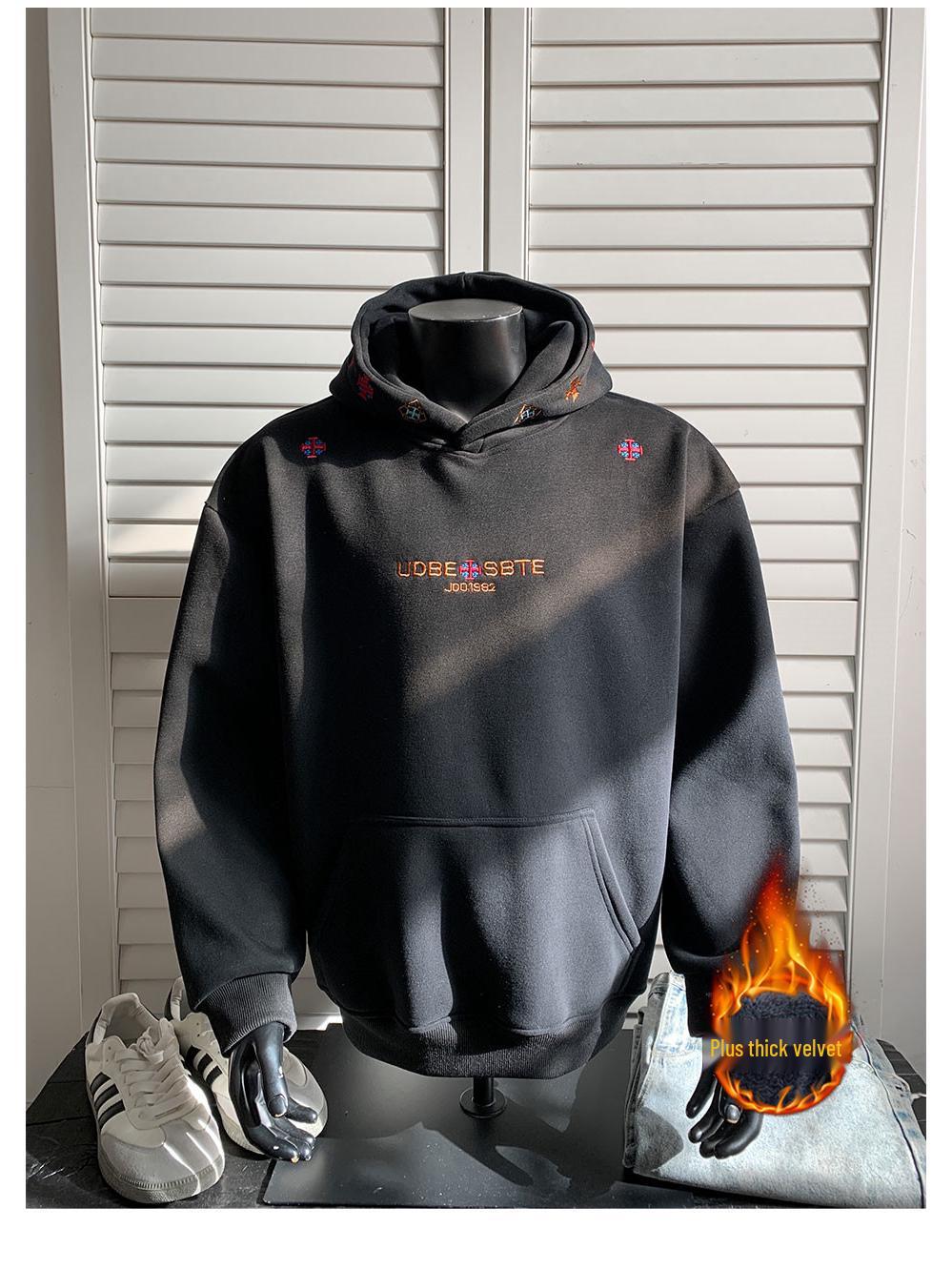 Men s Sherpa Fleece Lined American Style Embroidered Hoodie M