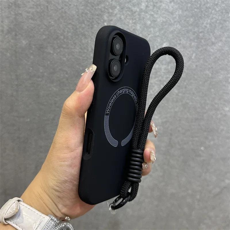 Apple 16 Magnetische Vloeibare Siliconen Telefoonhoes met Lanyard voor iPhone 15 Pro Max - Huidachtige Volledige Bedekking