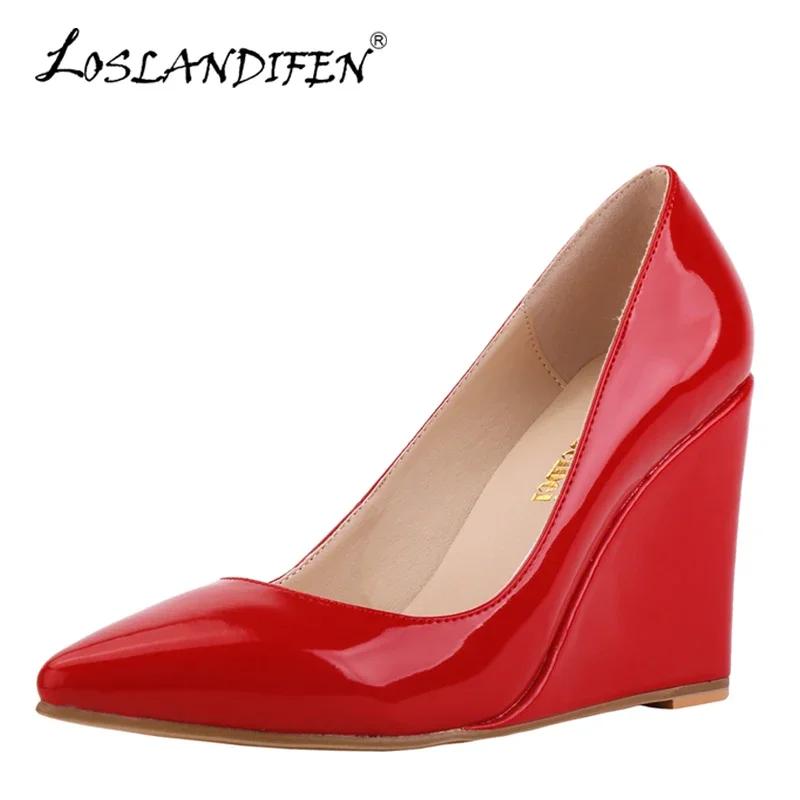 Women Wedges Pumps Sexy Pointed Toe Ship-on Patent Leather High Heels Female Red Black Office Wedding Shoes Summer Autumn Ladies