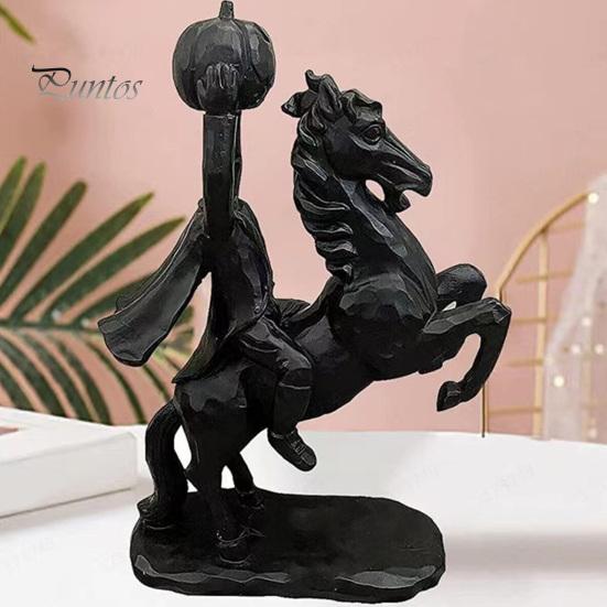 Resin Horse with Pumpkin Headless Horseman Holding Statue, Matte Black Halloween Figurine, Unique Dark Atmosphere Ornaments Gothic Tabletop Decor for