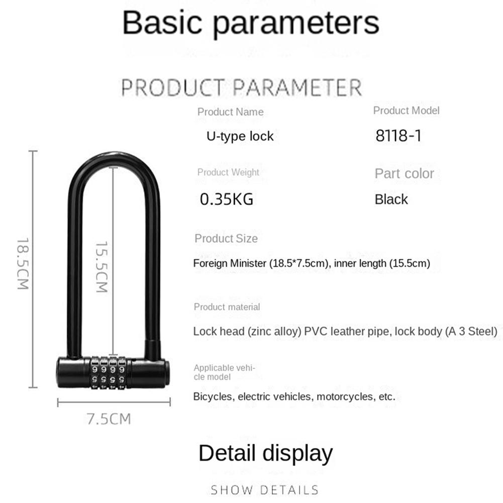 Bicycle Password Lock U-lock Glass Door Lock Anti-theft Wear-resisting Multipurpose For City Electric Mountain Bikes