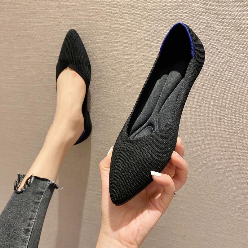 Flying single shoes women's new knitted mid-heel pointed breathable woven shoes fashionable shallow flat shoes