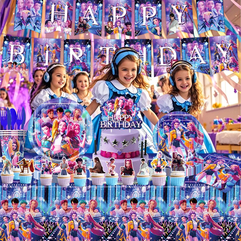 K Pop Demon Hunters Theme Birthday Party Decorations Tableware  Balloon Cup Plate Banner Backdrop for Girls Baby Shower Supplies