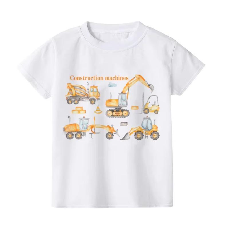 Summer Construction Machines Tractor Print Baby Boys T-shirt Natural Work Zone Kids Clothing Children's Summer Top