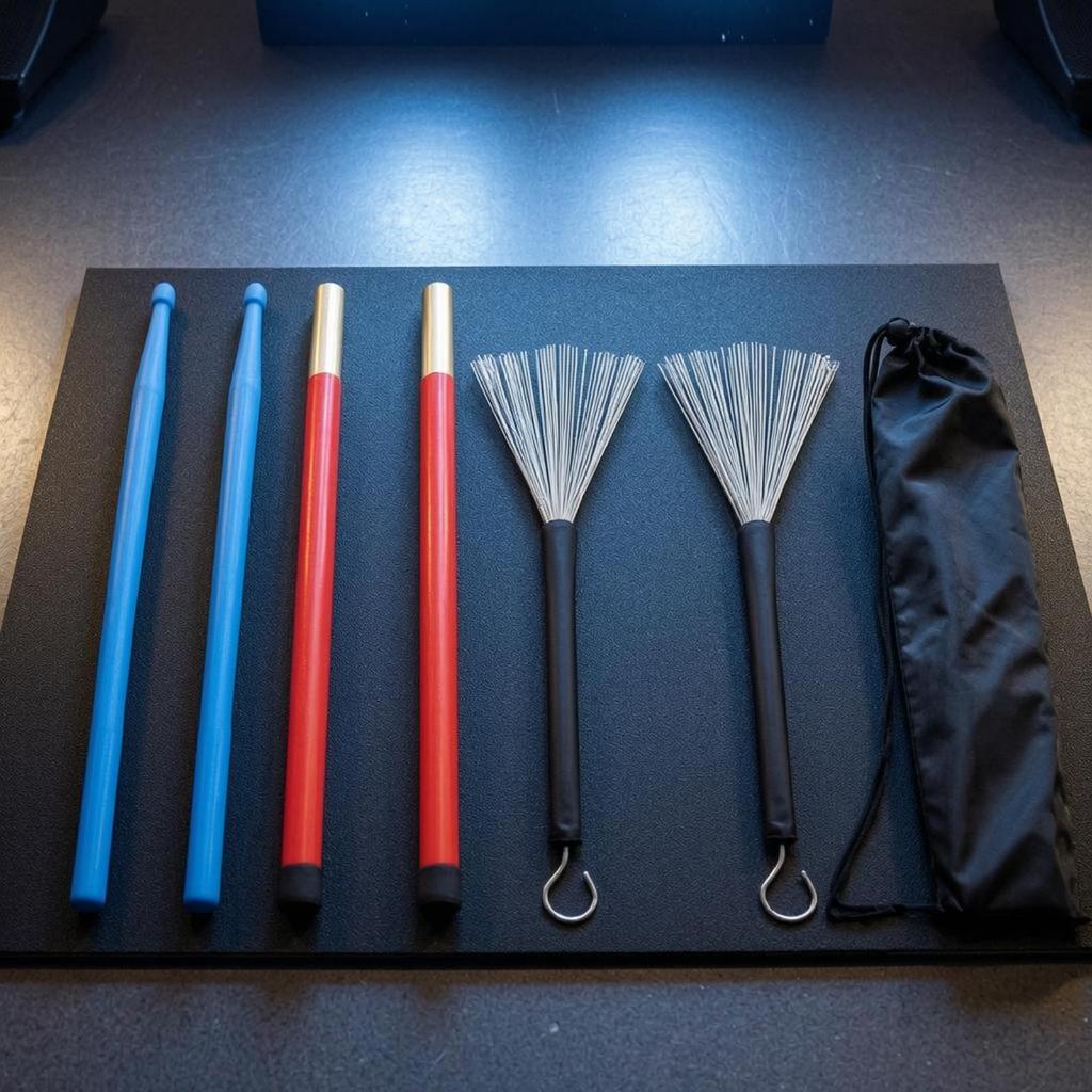 Trommelzubehör-Bundle mit Aufbewahrungstasche Sticks Schlägel Bürsten Set Gemischtes Material