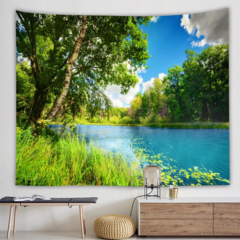 Landscape Forest Waterfall Lotus Cloth Wall Hanging Dawn Ocean Wall Tapestry Beach Tapestry Home Decoration