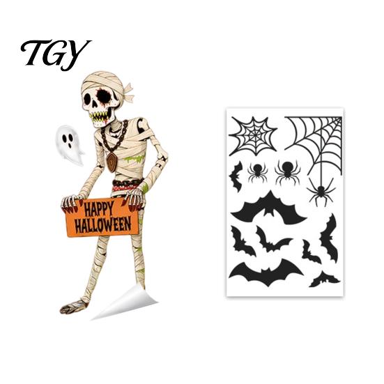 Spooky Party Glass Decor Halloween Window Clings, Pumpkins Skeletons Ghosts And Bats Print Decorative Clings Decals, Electrostatic PVC Static