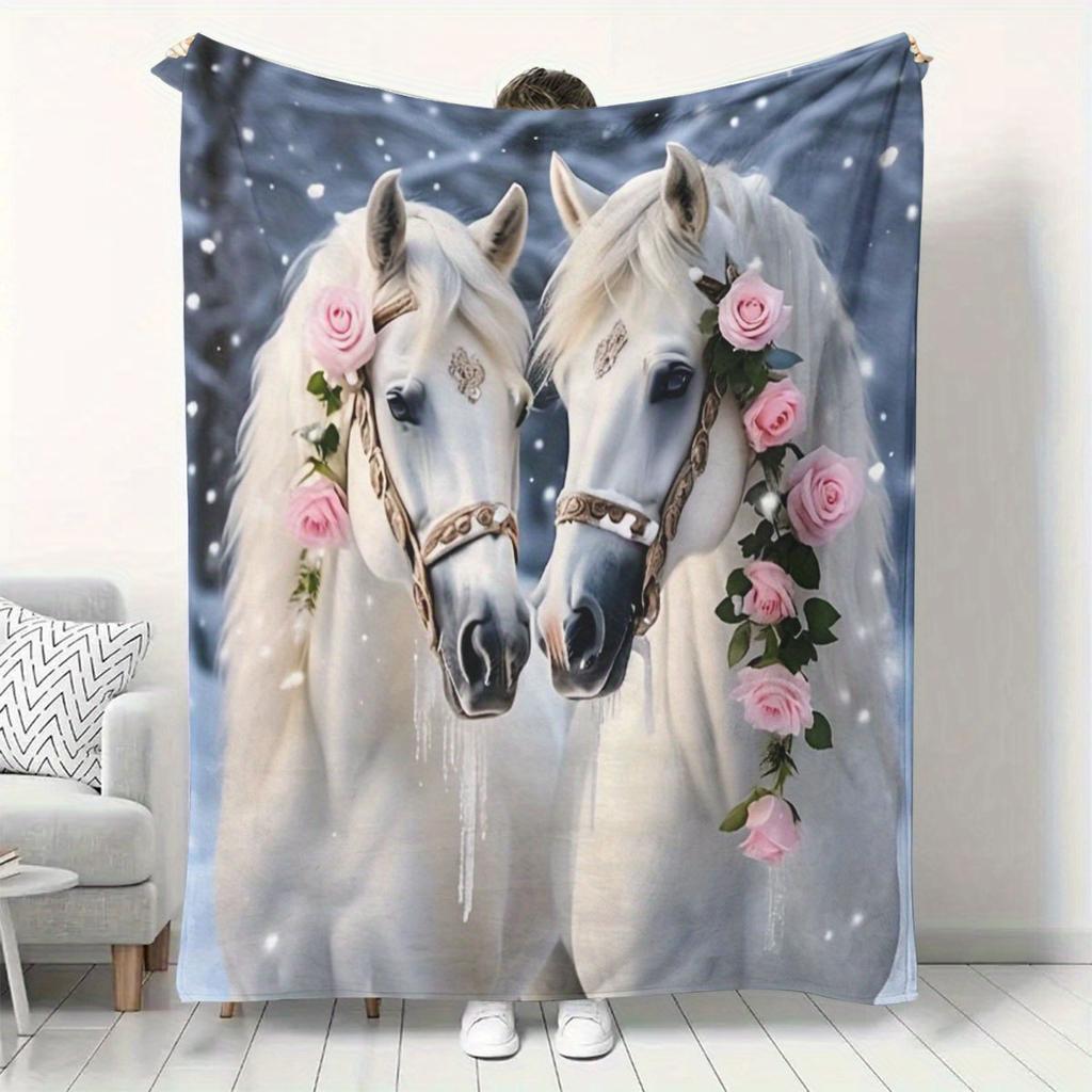 A Soft And Warm Fleece Blanket with a Double White Horse Pattern, Suitable for Sofa Throws, Home Leisure Blankets, Air Conditioning Blankets, Nap Blan