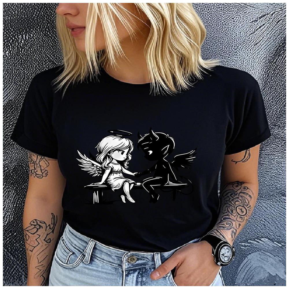 Unisex 100% Polyester Summer Top The angel and the devil hold hands. Print Loose round Neck Short Sleeve Fashion for Lovers