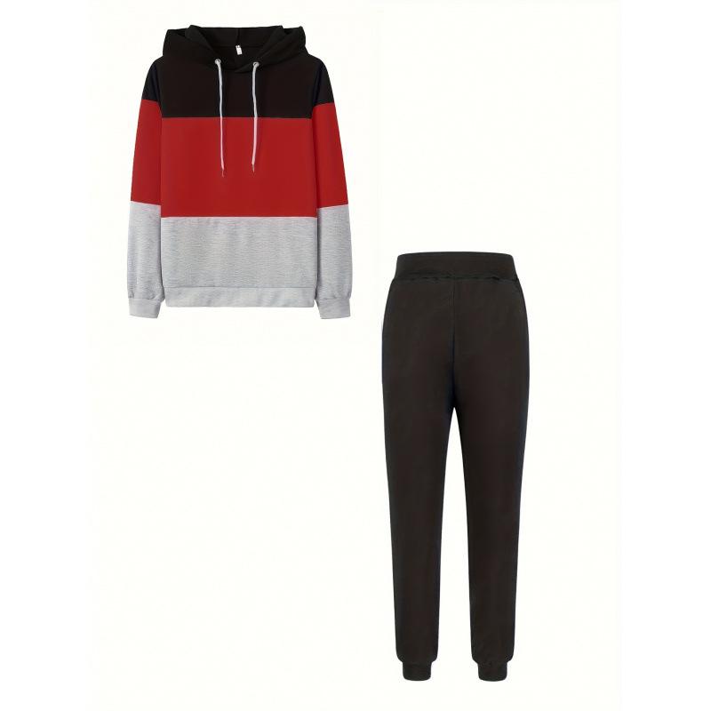 

2025 Spring Casual Color Block Hooded Patterned Loose Long Sleeve Set for Men and Women M красный
