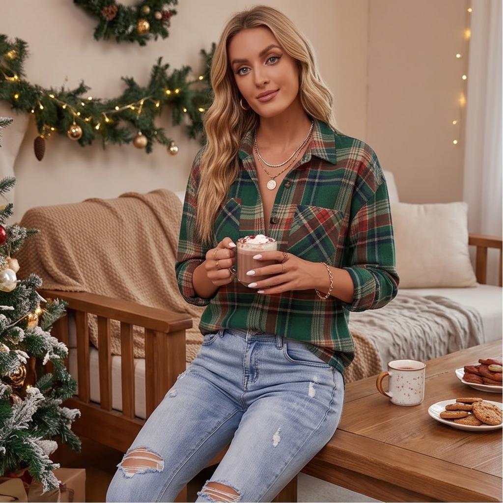 Women's Casual Plaid Long Sleeve Lapel Collar Cardigan Shirt