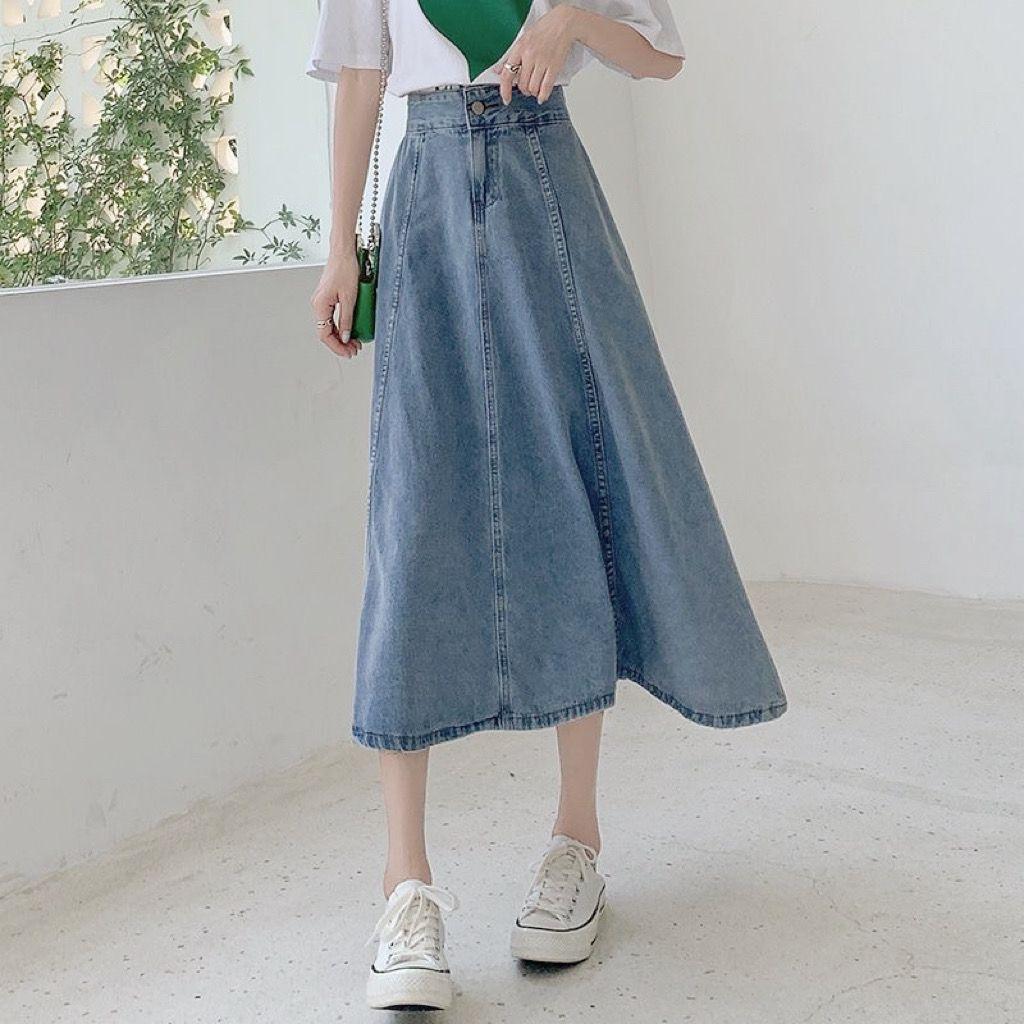 Spring Autumn Women's Fashion High Waist Casual Denim Skirt Mid-length A-line Skirt