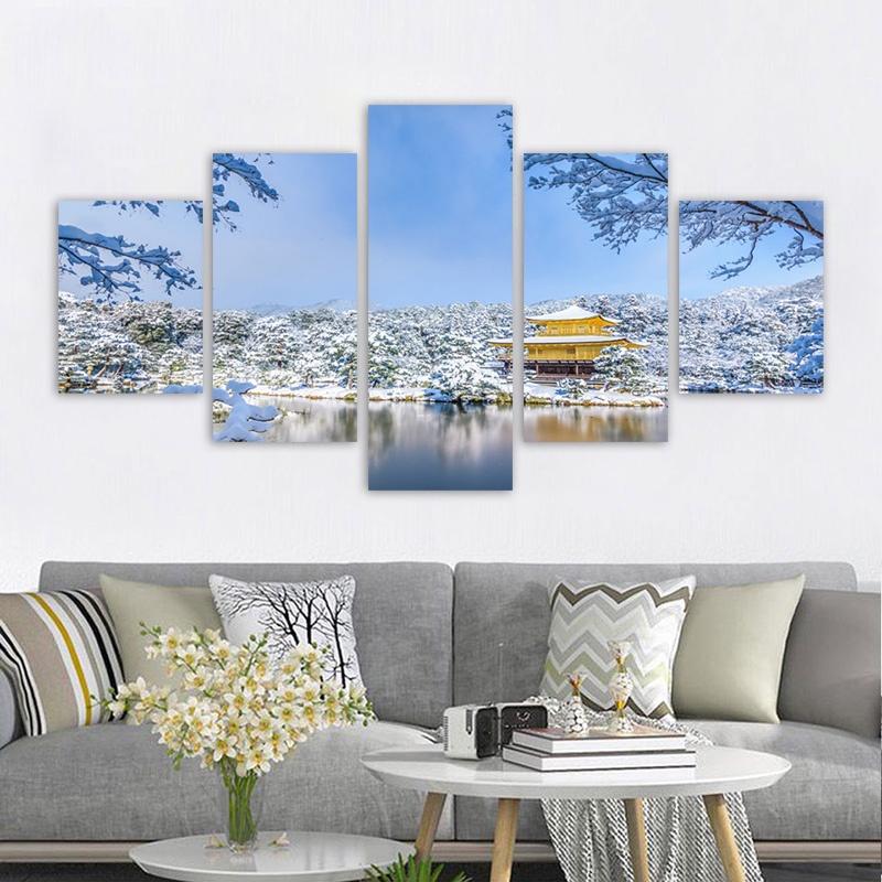 5-teilige Winterlandschaft Poster Park Schnee Szenerie Cuadro Leinwanddrucke Wandkunst für Wohnzimmer Dekorative Gemälde Ohne Rahmen