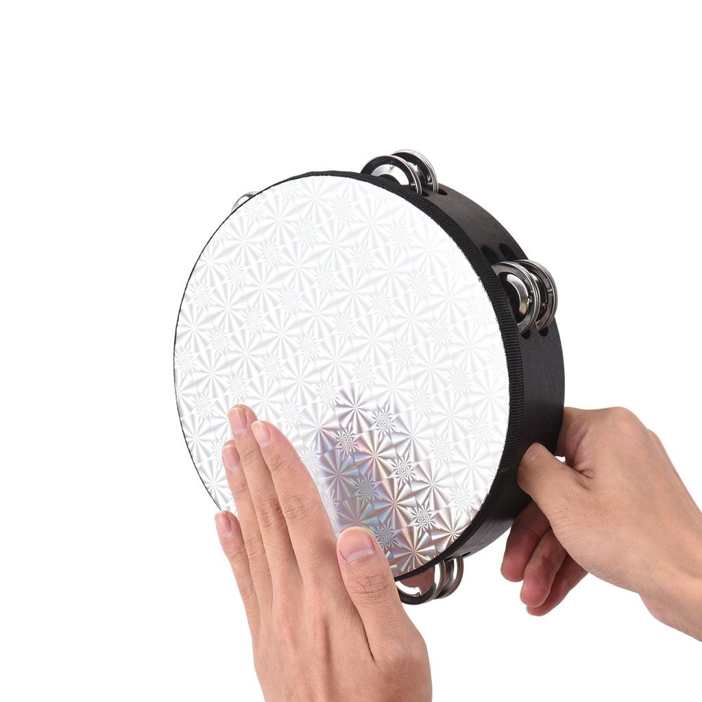 8 Inch Wooden Radiant Tambourine Handbell Hand Drum with Double Row Jingles Reflective Drum Head Musical Percussion