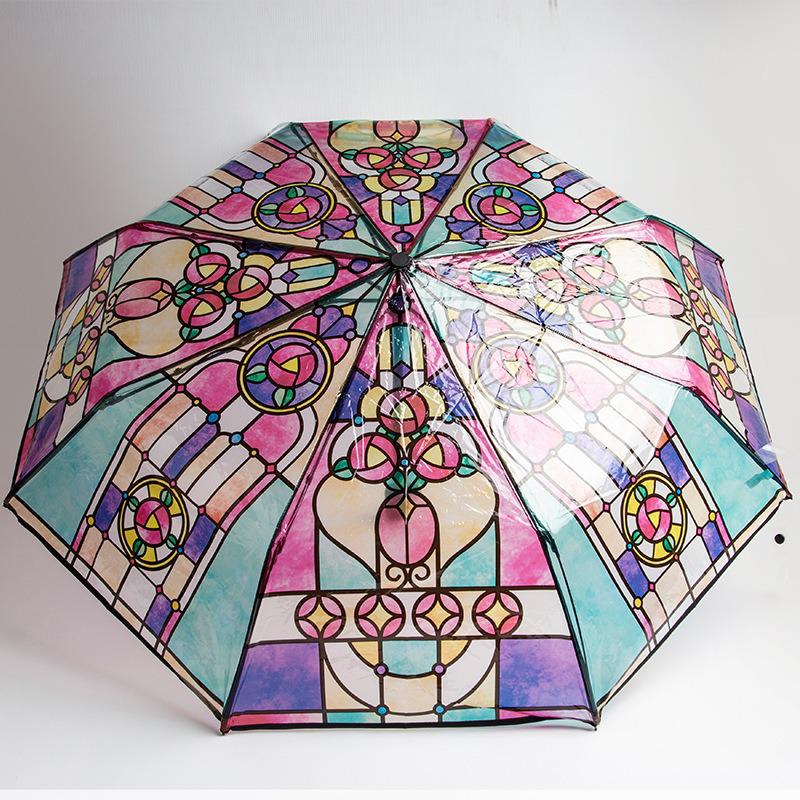 Colorful Transparent Automatic Folding Umbrella with Eight Ribs - High-End Feel and Portable Design