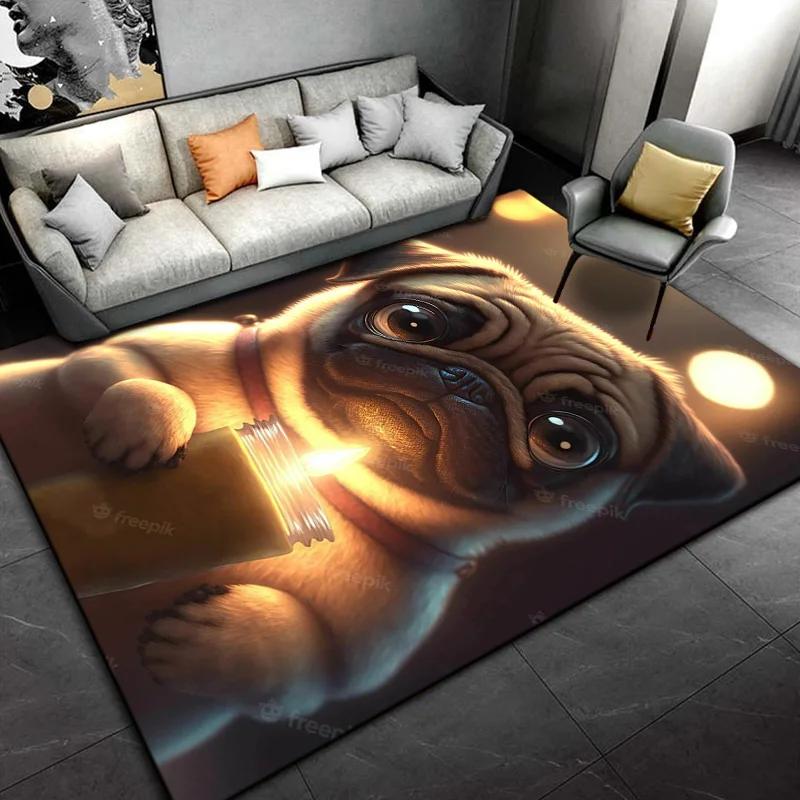Lovely Pug Dog Cartoon Area Rug Cute Animal Carpet for Kids Bedroom Playroom Non-Slip Floor Mat Home Decor Gift