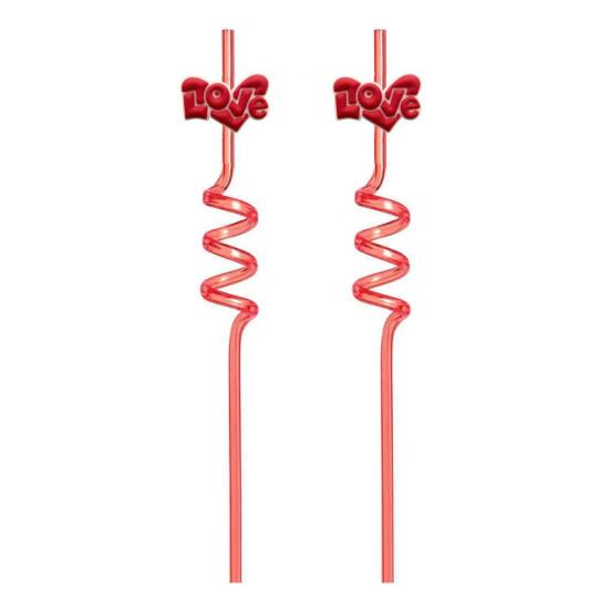 2Pcs Colorful Spiral Straws Creative Drinking Straws with Heart Lip Cake Charm Romantic Pink