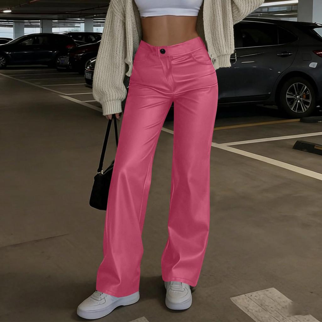 Women's Leather Pants High Waist Straight Leather Pants Pocket Elastic Pu Frosted Casual Pants