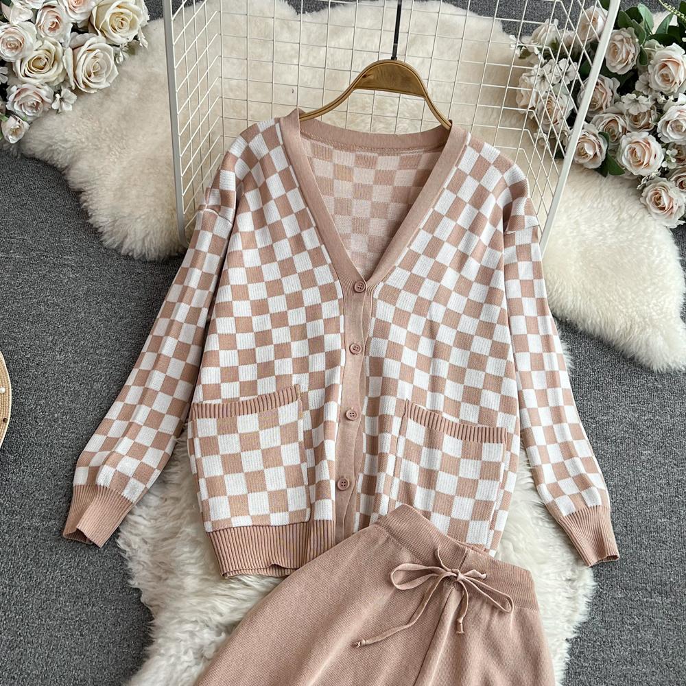 Herbst Vintage Marke Plaid Gestrickte Pullover Hose 2 Stück Set Frauen Trainingsanzug Einreiher Mantel + Knöchel Länge Hosen Outfits