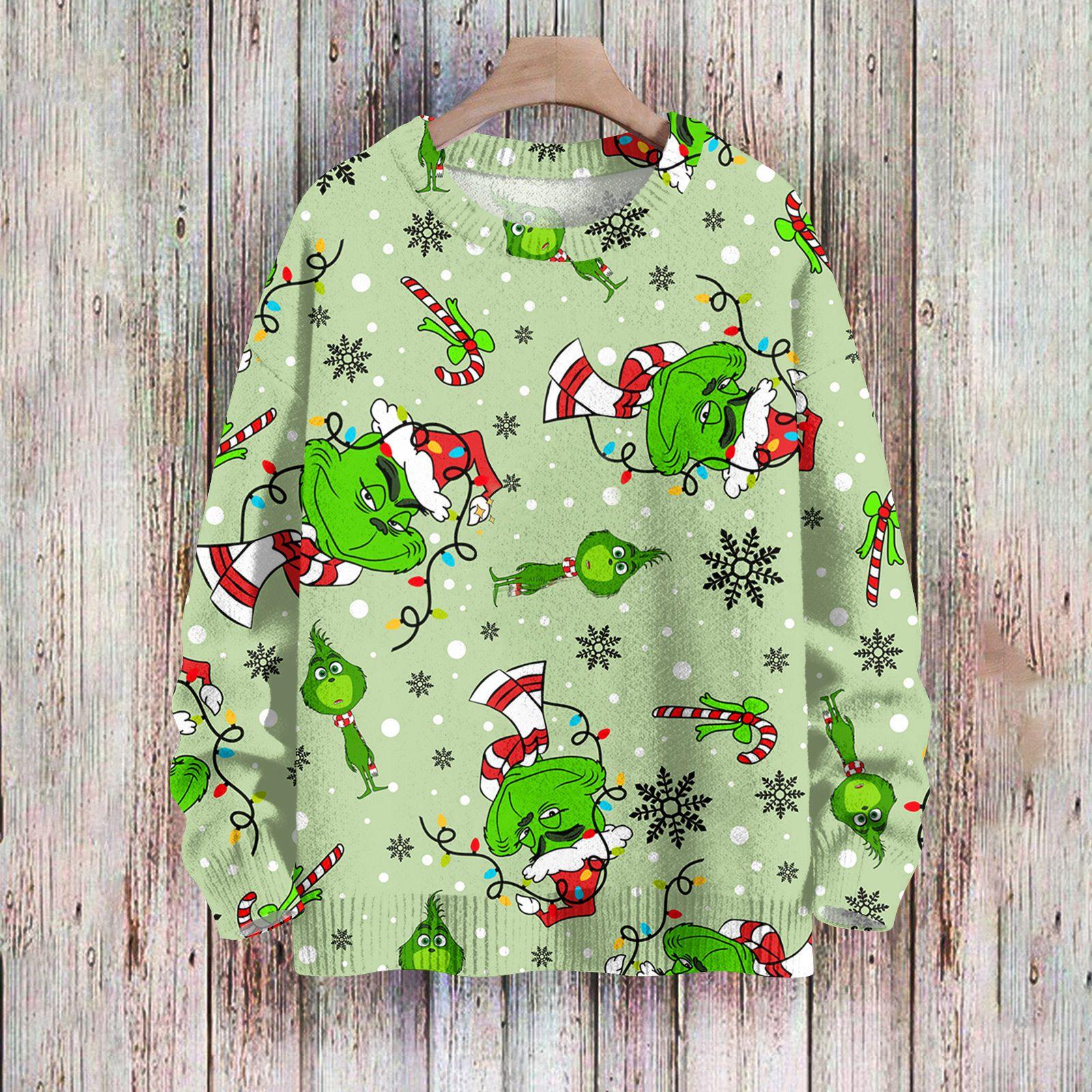 

Рождественские толстовки для женщин Вязаный свитер Милая рубашка Осенний свитер с круглым вырезом Топы M зелёный