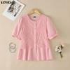 VONDA Women Short Sleeve Front Lace Crochet Casual Ruffled Blouse Shirts Tops