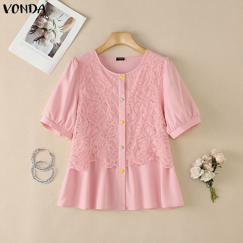 VONDA Women Short Sleeve Front Lace Crochet Casual Ruffled Blouse Shirts Tops
