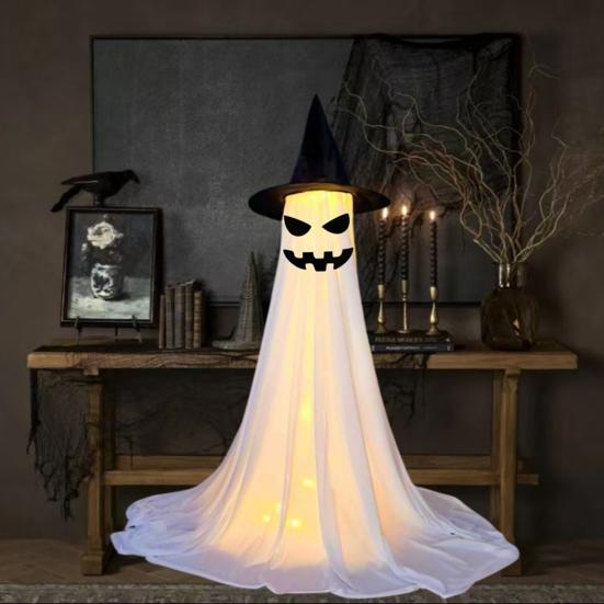 Halloween Ghost Decoration with LED Light Large White Scary Light Up Ghost with Witch Hat for Outdoor Front Porch Yard Garden Lawn Home Decor