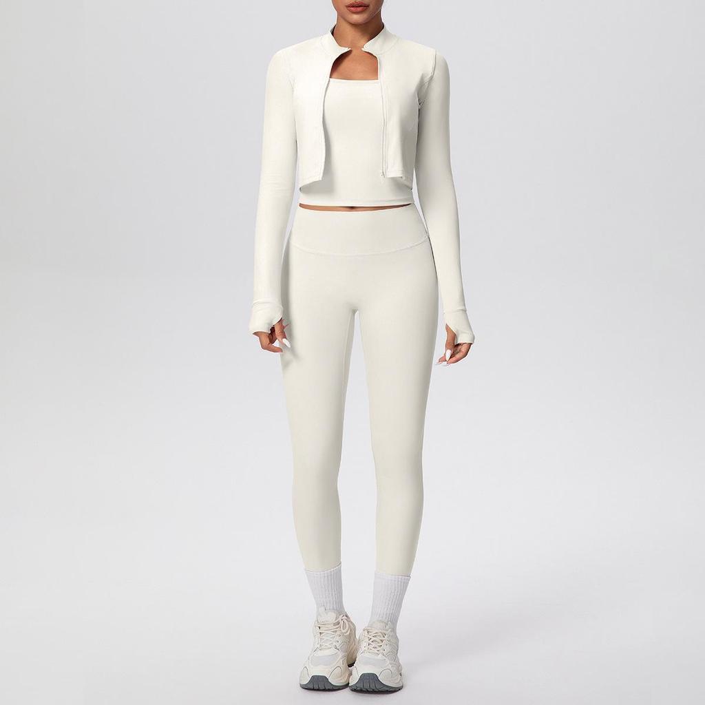 Women's Fitness Yoga Set: Shockproof Ribbed Tank, Zipper Jacket, High-Waisted Skin-Friendly Pants