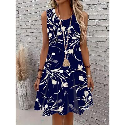 Robe d'été sans manches à imprimé floral pour femme, robe midi décontractée coupe A, style bohème, robe de plage pour femme, robe élégante à motif floral, impression à l'étranger