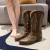 Fashion Studded Western Cowboy Boots Boots for Women Autumn Fashion Zip Embroidered Pointed Toe Shoes Chunky Heel Mid Calf Knight Boots