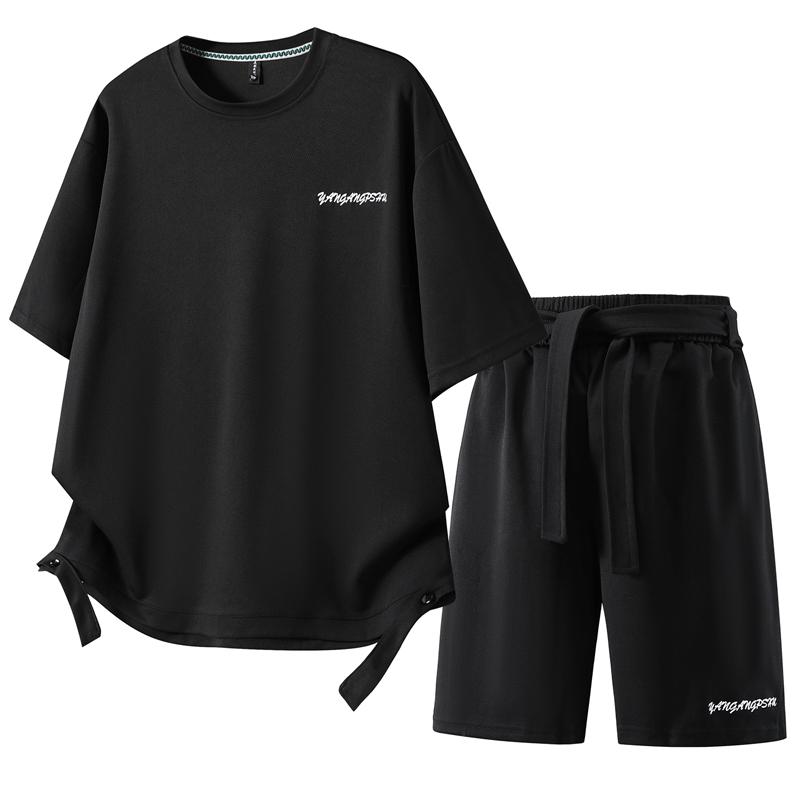 

Большие размеры 4XL-10XL Модный летний комплект из 2 предметов Мужские футболки с коротким рукавом Повседневные комплекты с шортами Оверсайз 4XL(80kg-90kg) чёрный