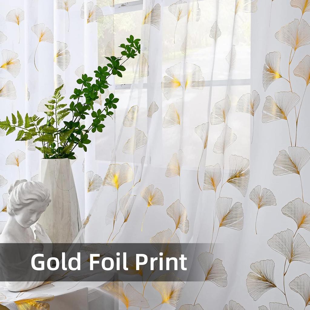 Gold Foil Print Voile Sheer Curtains, Leaves Grommet Top Window Drapes 96 Inches Long, Luxury Metallic Bronzing Treatment Panels
