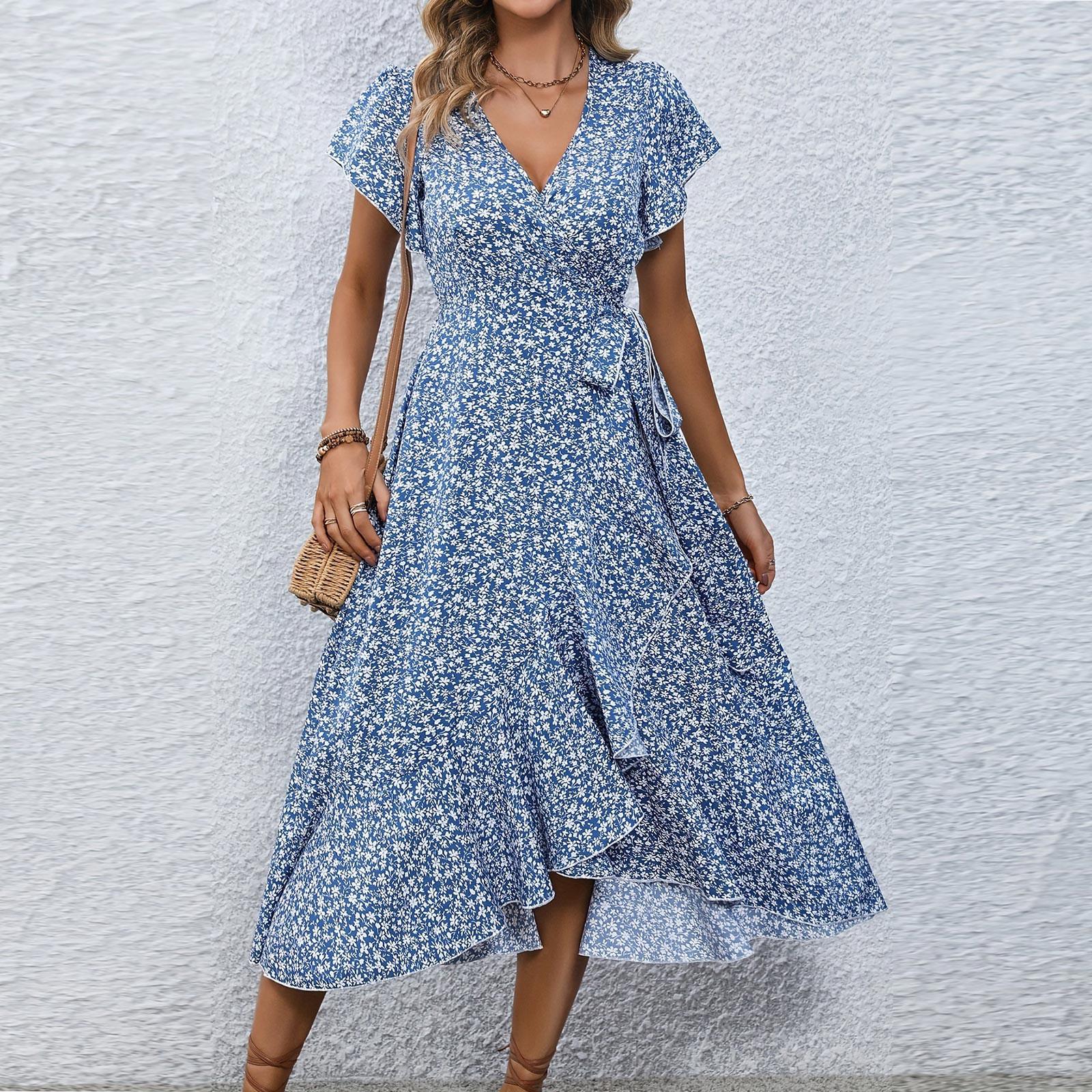 

Women s V-Neck Waisted Floral Short Sleeve Dresses L синій