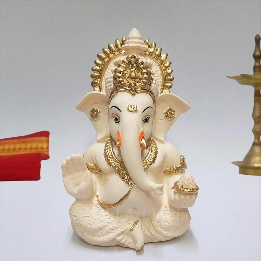 Peach Terracotta Colour Golden Paint Work Vinayaka Idol Car Dashboard Idol Ganesha Murti Ganpati Idol for Home Decor