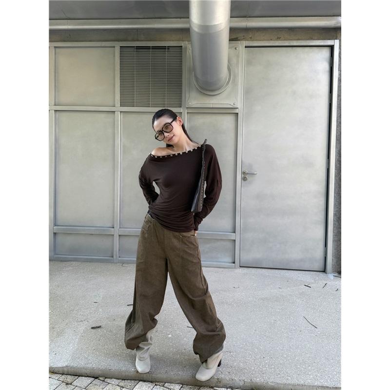 Fashionable Street Casual Shell Button Off-shoulder Long-sleeve High-stretch T-shirt