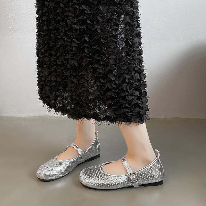 2025 Spring New Women's Ballet Shoes Black Leather Braided Round Toe Flat Simple Retro Daily Office Ladies Shallow Single Shoes