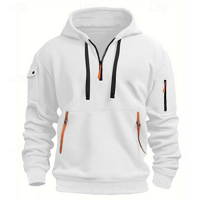 

Men s Autumn And Winter Hooded Sweatshirt Casual Half Zip Pullover With Multi Pockets XXXL білий