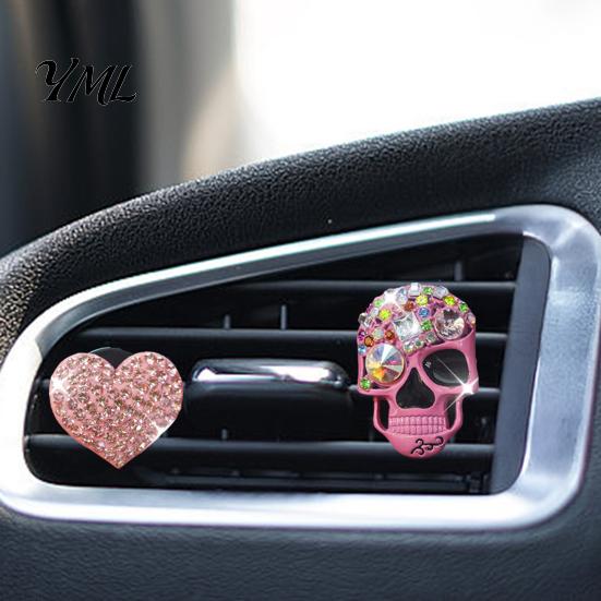 Car Air Freshener Vent Clip 2 Pcs Bling Skull Heart Clips, Rhinestone Shiny Unique Gift for Men Dashboard Trim Clip, Funny Head Auto Interior Ornament