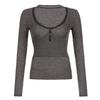 New American Style V-Neck Casual Solid Color Button Patchwork Slimming T-shirt for Spring & Summer