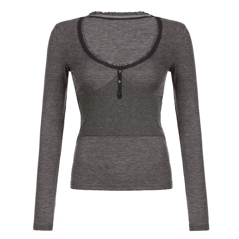 New American Style V-Neck Casual Solid Color Button Patchwork Slimming T-shirt for Spring & Summer